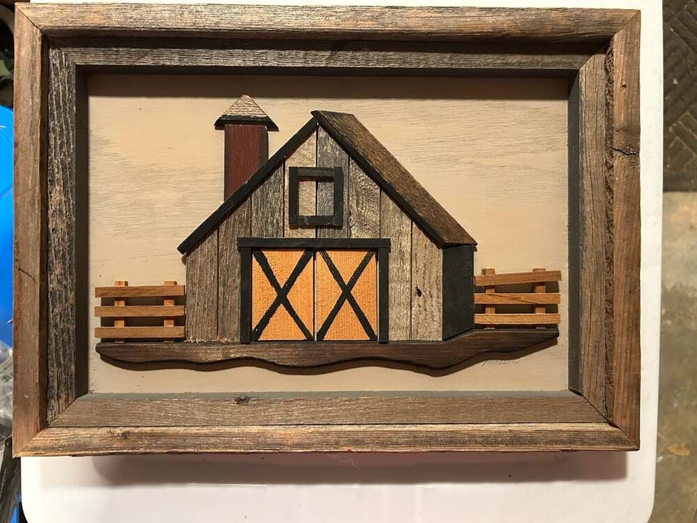 Handmade Vintage 3D Wood Barn Folk Art Wall Hanging Signed Mass